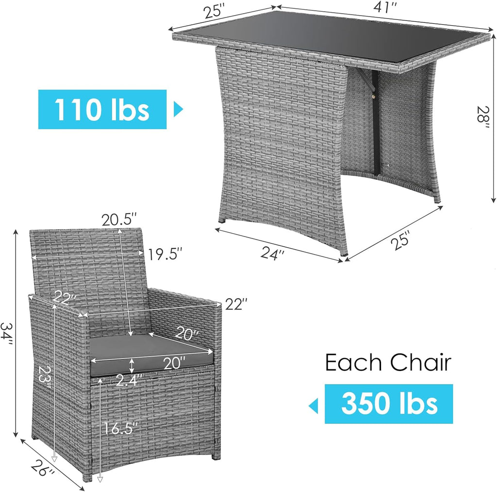 HAPPYGRILL 3 Piece Patio Furniture Set, Outdoor PE Rattan Wicker Bistro Set with Washable Cushions & Tempered Glass Table, for Backyard Porch Garden Balcony Poolside