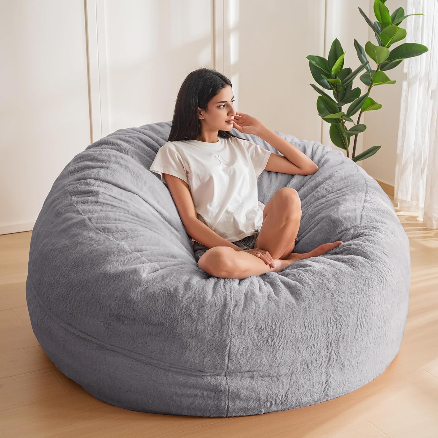 MAXYOYO Bean Bag Chair for Adults, Large 5 ft Bean Bag Chair with Foam Filling, Ultra Soft Fur Lazy Sofa for Living Room Bedroom, Machine Washable Cover