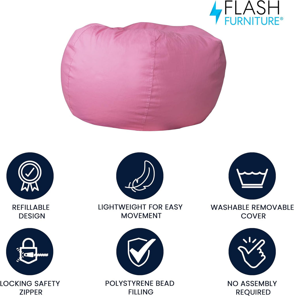 Flash Furniture Duncan Oversized Bean Bag Chair for Kids and Adults, Foam-Filled Beanbag Chair with Machine Washable Cover, Light Pink