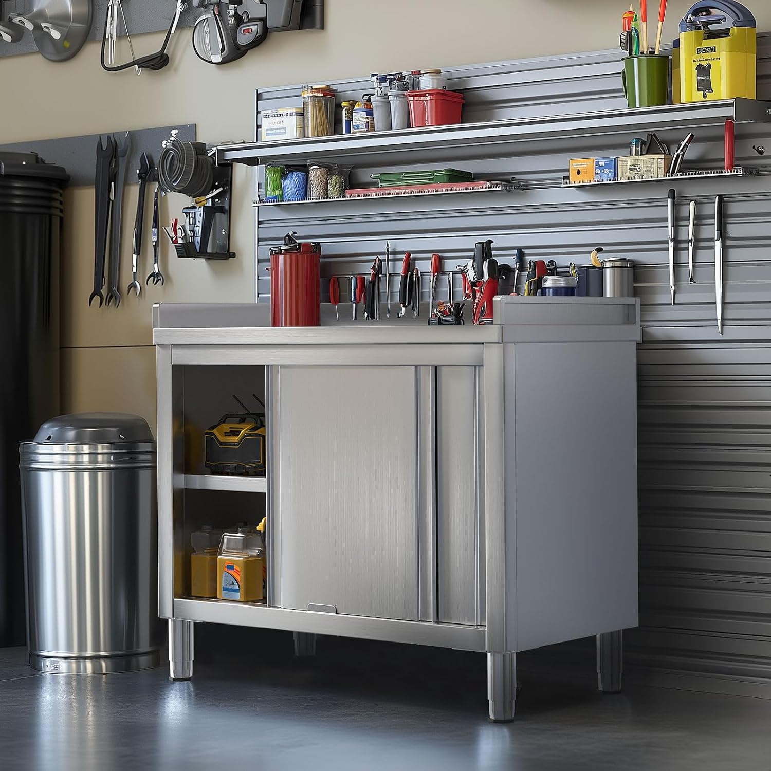 Stainless Steel Cabinet with Baffle 39'x20', Commercial Kitchen Work Table for Prep&Work, Kitchen Cabinet with Sliding Doors,Heavy Duty Prep Table for Restaurant,Garage,Warehouse