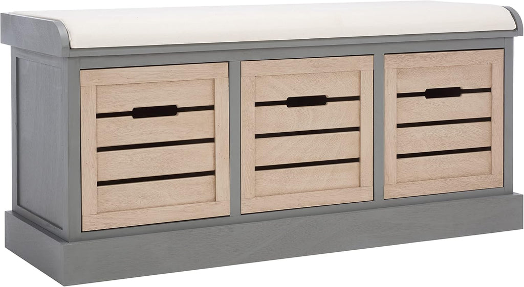 SAFAVIEH Home Collection – Briar 3-Drawer Upholstered Storage Bench, Farmhouse Entryway Accent Bench with Cushion Top, Distressed Grey Frame & Sand Drawer Fronts (BCH5700C)