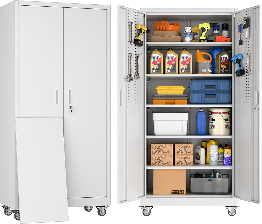 71' Tall Rolling Metal Storage Cabinet with Locking Doors, White Heavy Duty Tool Cabinet with Wheels, 5 Adjustable Shelves & Pegboards for, Workshop, Garage, Warehouse, Assembly Required