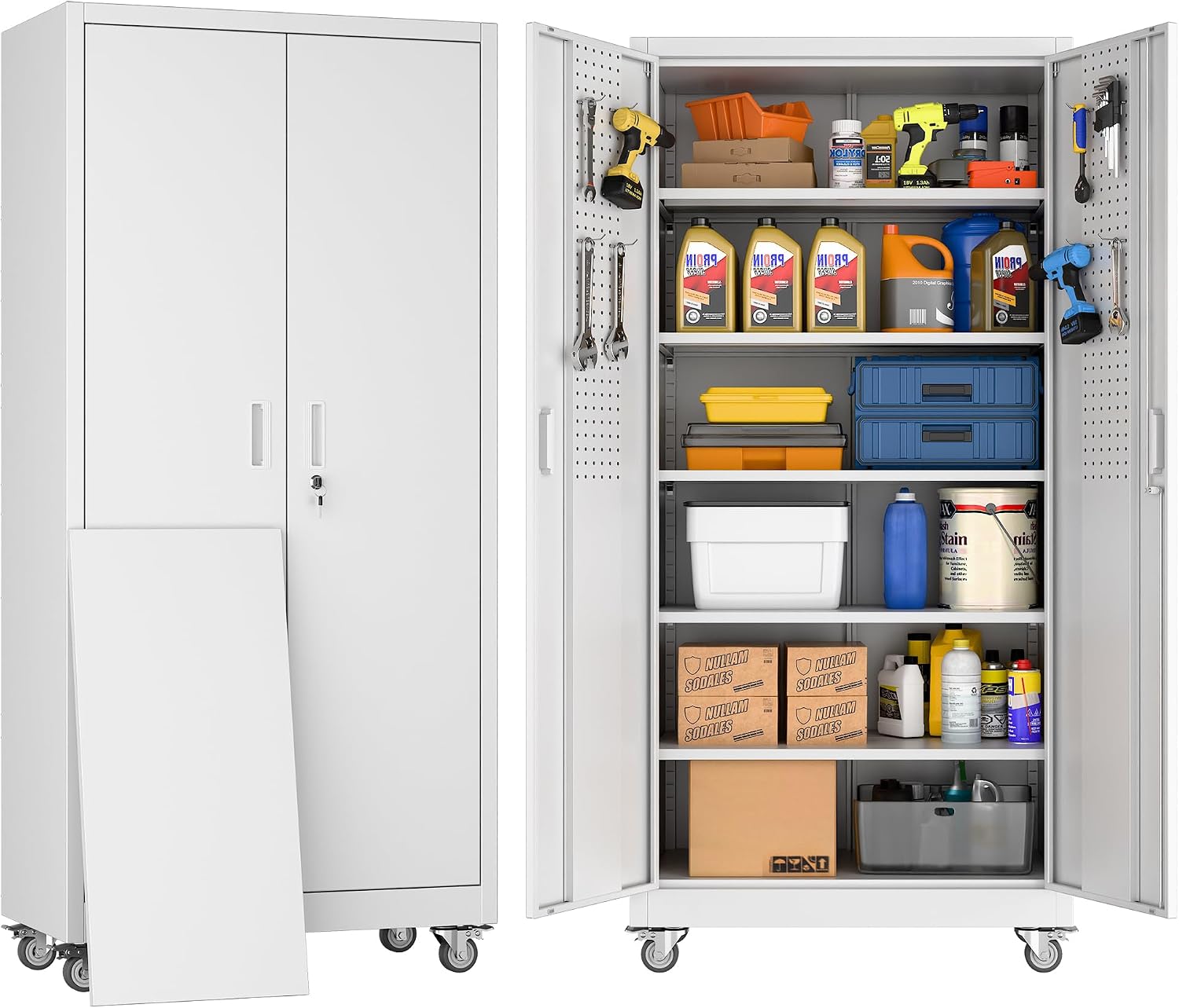71' Tall Rolling Metal Storage Cabinet with Locking Doors, White Heavy Duty Tool Cabinet with Wheels, 5 Adjustable Shelves & Pegboards for, Workshop, Garage, Warehouse, Assembly Required
