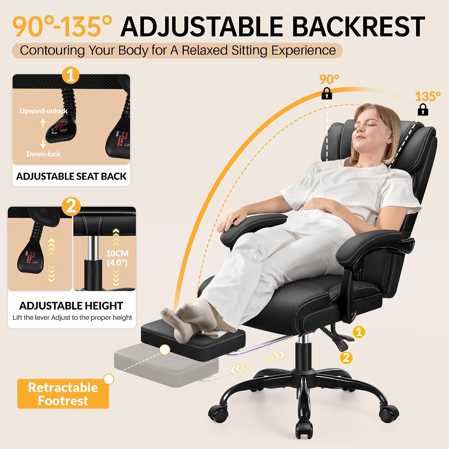 HeroSet Office Chair, Executive Big and Tall Leather Desk Chairs with Footrest, Ergonomic Breathable Computer Chair with Adjustable High Back, Lumbar Support Swivel PC Chairs