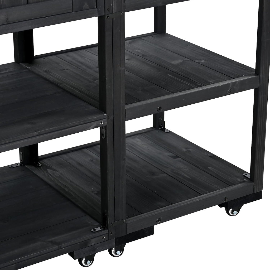 62.3'' Patio Kitchen Island, Solid Wood Kitchen Cart with Stainless Table Top, Garden Potting Bench with Raised Shelf and Drawers, Grill Prep Table for BBQ, Party (Black-62.3'')
