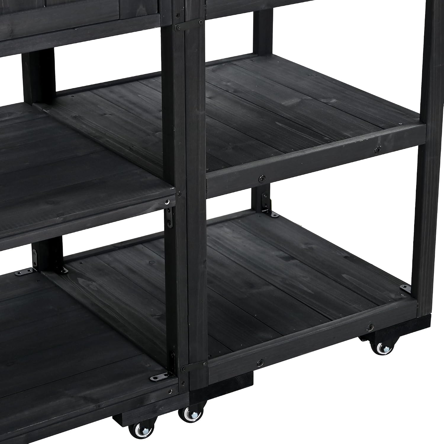 62.3'' Patio Kitchen Island, Solid Wood Kitchen Cart with Stainless Table Top, Garden Potting Bench with Raised Shelf and Drawers, Grill Prep Table for BBQ, Party (Black-62.3'')