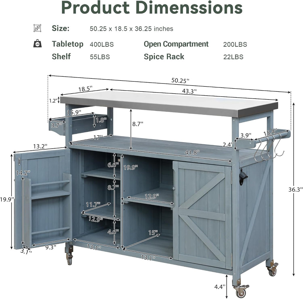 50.25' W Grill Cart with Stainless Steel Tabletop - Outdoor Storage Cabinet for BBQ, Bar Patio Kitchen Island with Ample Storage and Lockable Wheels