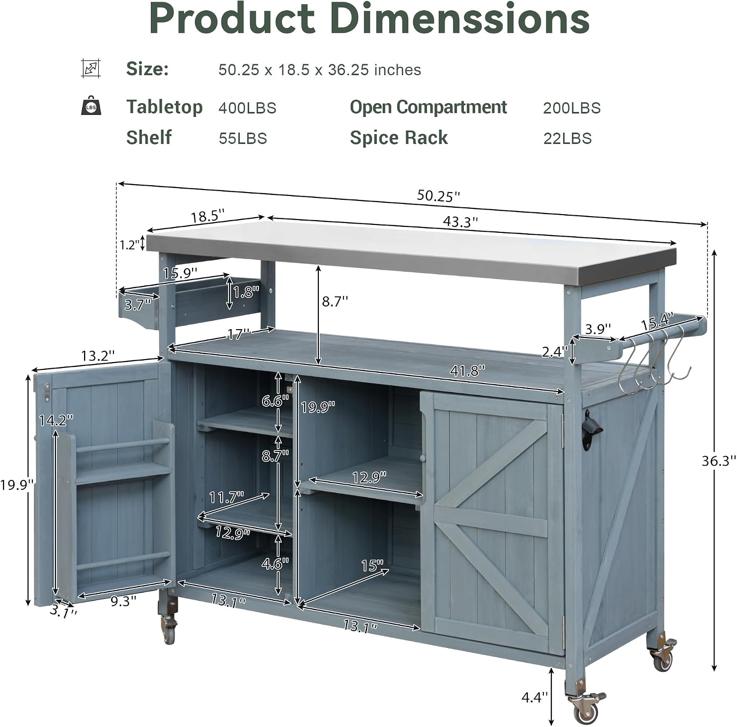 LUMISOL Outdoor Grill Cart with Stainless Steel Top, Kitchen Island with Storage Cabinet & Internal Storage Rack, Outdoor Bar Cart with Spice & Towel Rack, Grey Blue