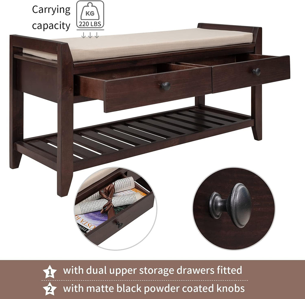 Harper & Bright Designs TREXM Shoe Rack with Cushioned Seat and Drawers, Multipurpose Entryway Storage Bench (Espresso)
