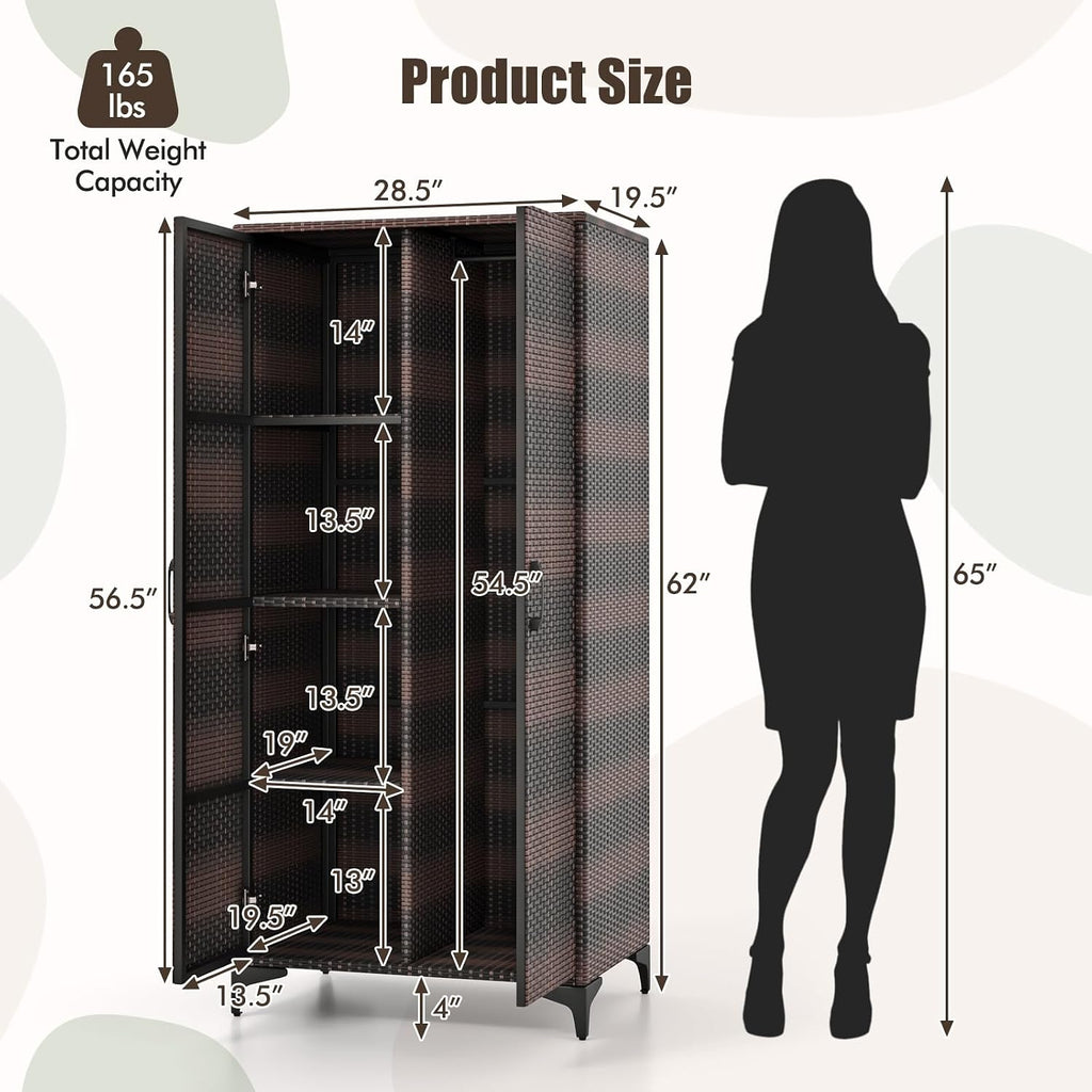 Giantex Wicker Storage Cabinet, 62' Tall Pantry Cabinet with 2 Doors, Hanging Rod, 4 Storage Cubes, Metal Legs, Anti-Tipping Device, PE Rattan Storage Cabinet for Home Office, Garage Cabinets (Brown)
