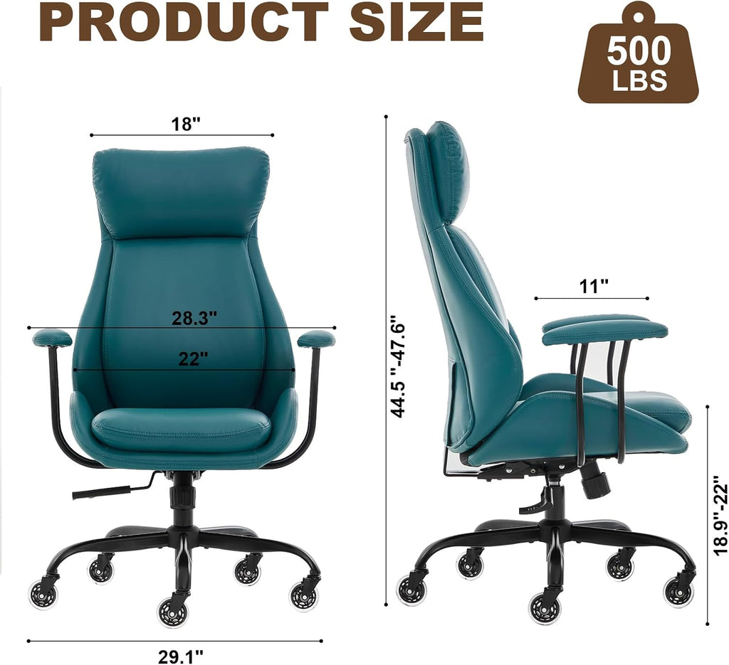 E-Motie Office Chair, Leather Desk Chair with Rubber Wheels, Ergonomic Computer Chair 500 LBS with Lumbar Support, High Back Executive Chair for Modern Home Office, Green