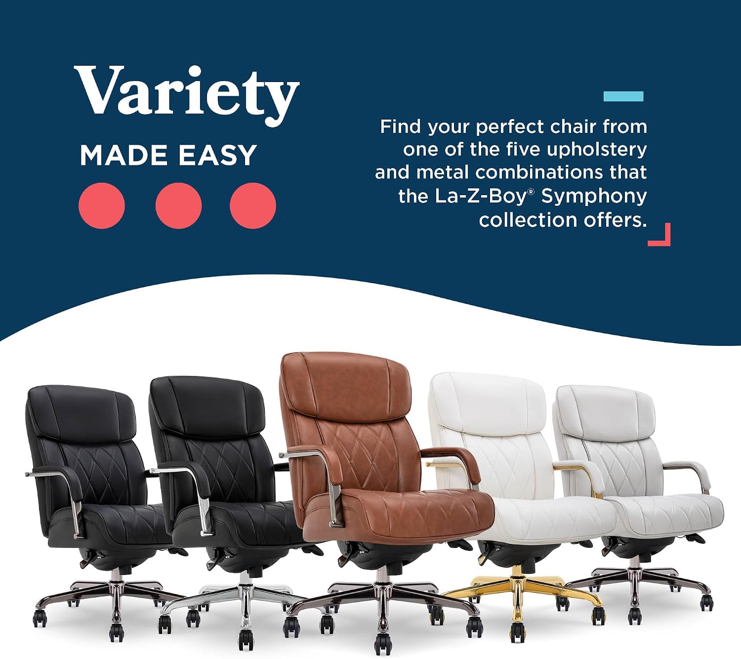 La-Z-Boy Symphony Executive Mid-Back Office Chair, Diamond Quilt Seat and Back, Pocket Coil Cushion, Padded Armrests, Ergonomic Computer DeskChair, Swivel Metal Base, Bonded Leather, Cognac/Graphite