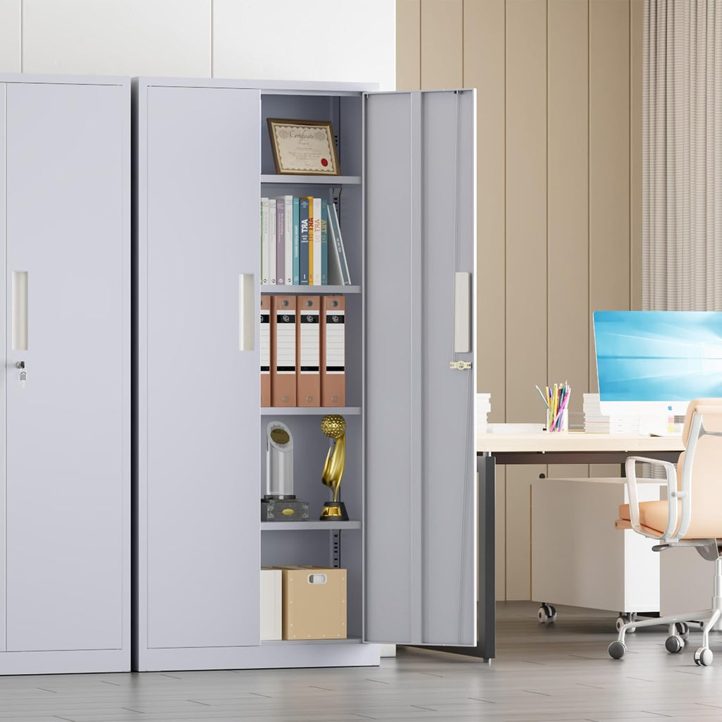 Superday 63' Lockable Steel Storage Cabinet, Locking Metal Storage Cabinets, Tall Grey Cabinet with 2 Doors and 4 Adjustable Shelves for Garage, Home Office, Classroom, Pantry, File