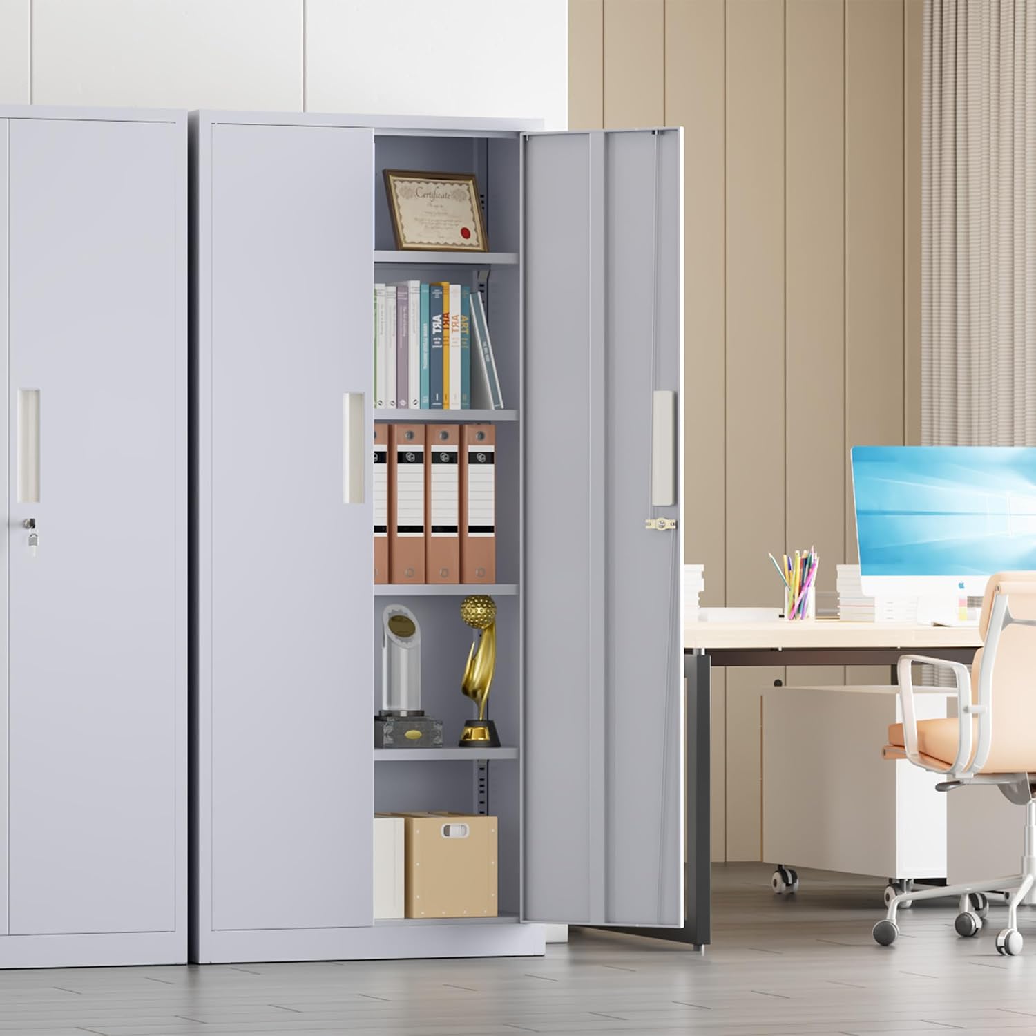 Superday 63' Lockable Steel Storage Cabinet, Locking Metal Storage Cabinets, Tall Grey Cabinet with 2 Doors and 4 Adjustable Shelves for Garage, Home Office, Classroom, Pantry, File