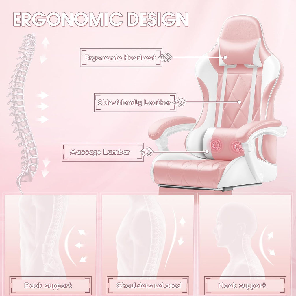 Shahoo Gaming Chair with Footrest and Massage Lumbar Support, Ergonomic Computer Seat Height Adjustable with 360°Swivel and Headrest, Pink1