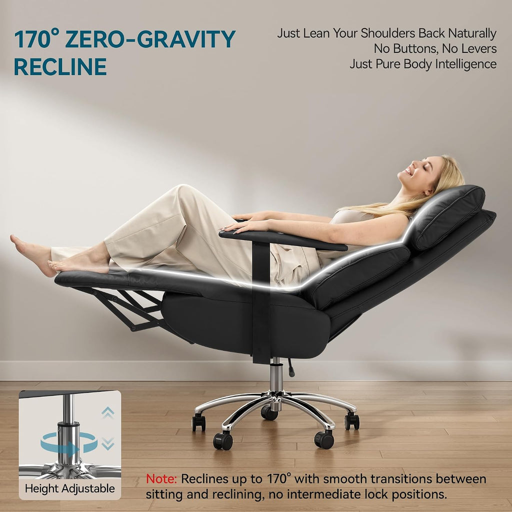 OKUP Reclining Office Chair with Adjustable Headrest and Footrest, 170° Comfortable Leather Zero Gravity Office Chair, Ergonomic Executive Home Office Desk Chair (Black)