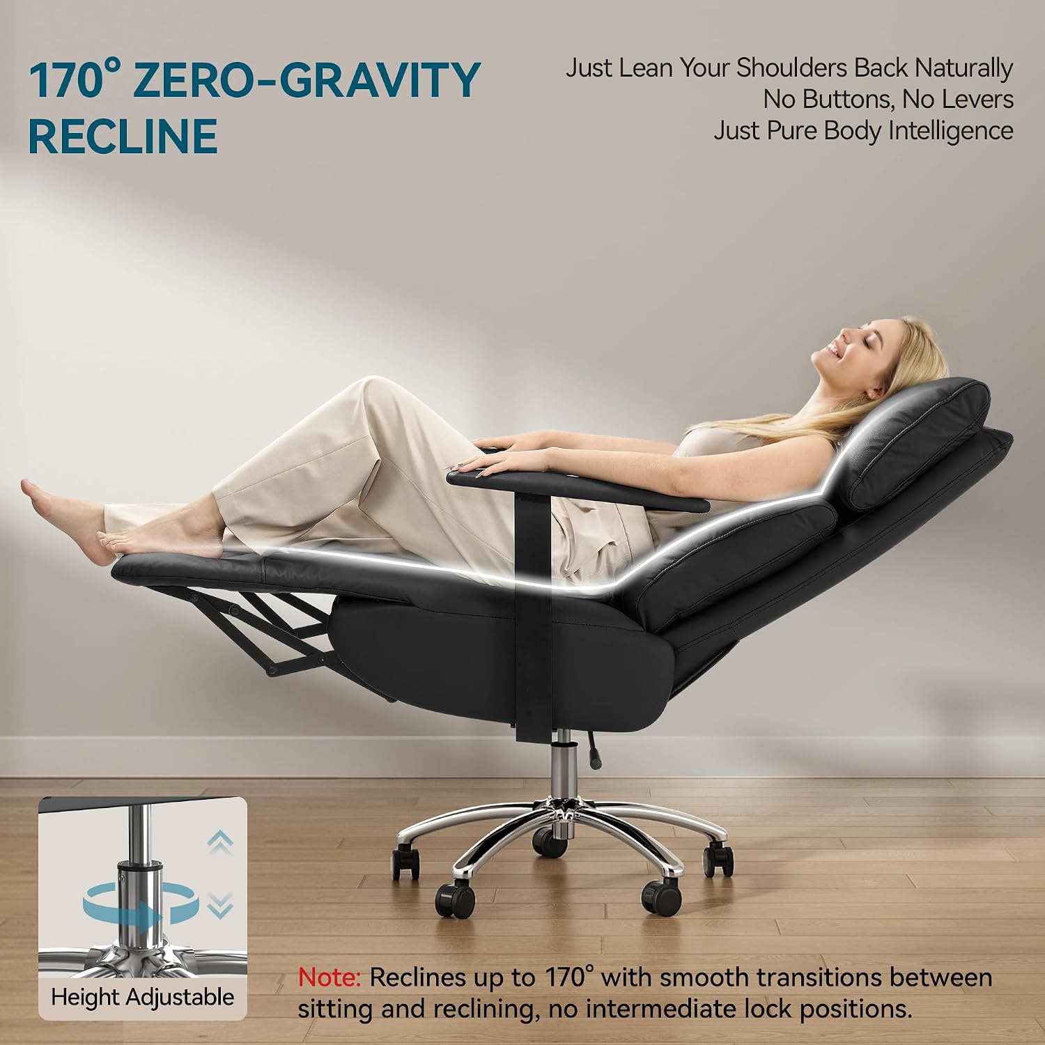 OKUP Reclining Office Chair with Adjustable Headrest and Footrest, 170° Comfortable Leather Zero Gravity Office Chair, Ergonomic Executive Home Office Desk Chair (Black)