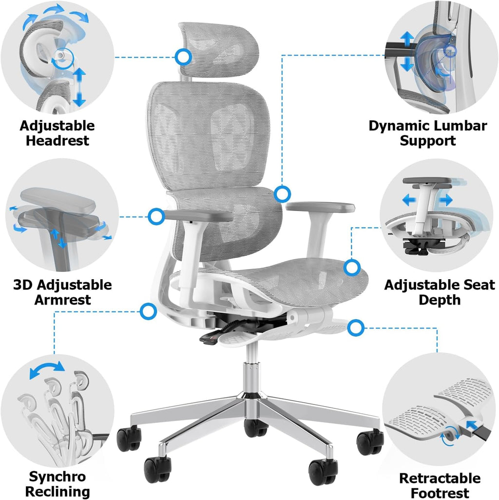 PatioMage Ergonomic Office Chair, Big and Tall Desk Chair with Adjustable Lumbar Support & Seat Depth, High Back Computer Chair, Swivel Mesh Chairs with Wheels for Home Office, White