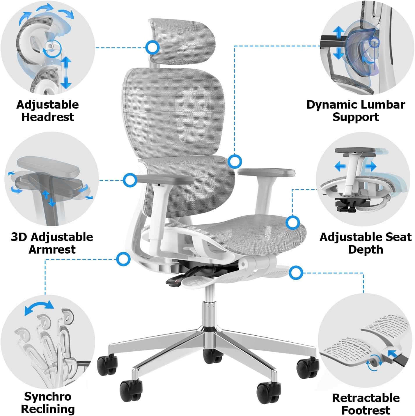 PatioMage Ergonomic Office Chair, Big and Tall Desk Chair with Adjustable Lumbar Support & Seat Depth, High Back Computer Chair, Swivel Mesh Chairs with Wheels for Home Office, White