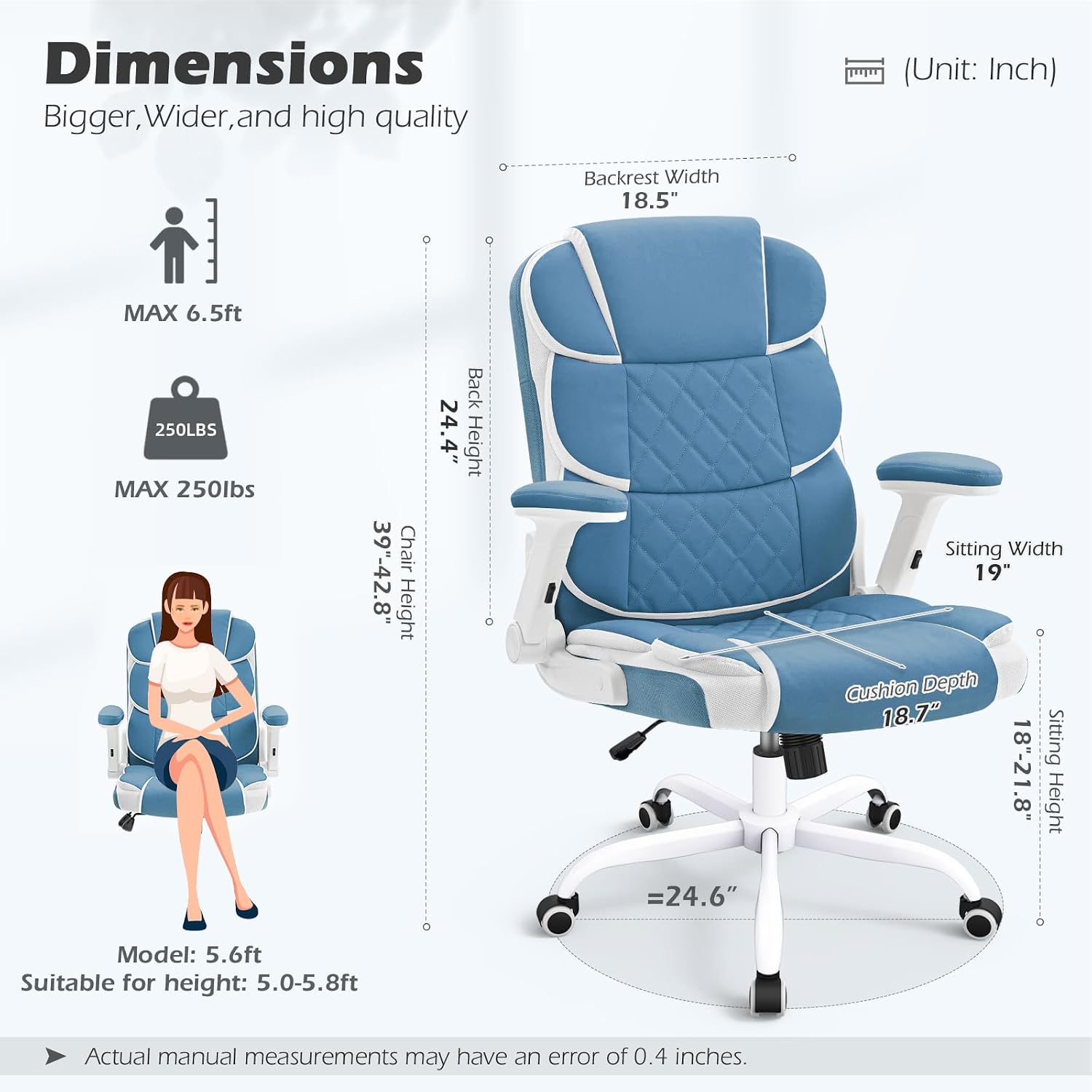 SEATZONE Blue Office Chair Leather Ergonomic Executive Computer Desk Chairs Small Cute Rolling Task Chairs for Teens&Adults