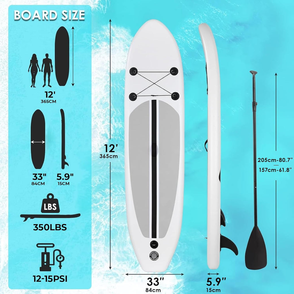 Clevich 12FT Stand Up Paddle Board, Inflatable Paddleboard with SUP Accessories & Carry Bag, Paddle, Hand Pump, Non-Slip Deck, Repair Kit,Leash, 400LBS