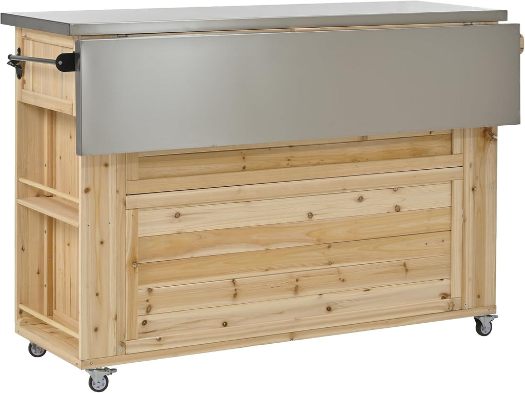 LUMISOL Outdoor Grill Table with Stainless Steel Top, Farmhouse Fir Wood Outdoor Kitchen Island with Ample Storage Space, Rolling Bar Cart with Spice & Towel Rack, and Bottle Opener, Natural
