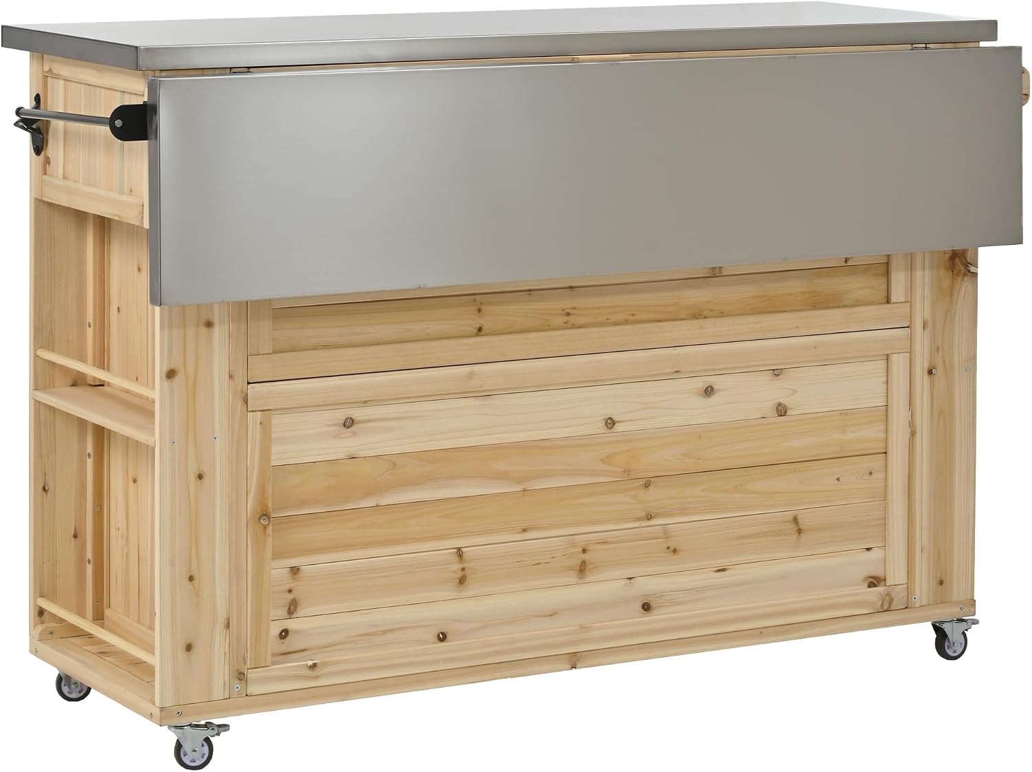 LUMISOL Outdoor Grill Table with Stainless Steel Top, Farmhouse Fir Wood Outdoor Kitchen Island with Ample Storage Space, Rolling Bar Cart with Spice & Towel Rack, and Bottle Opener, Natural