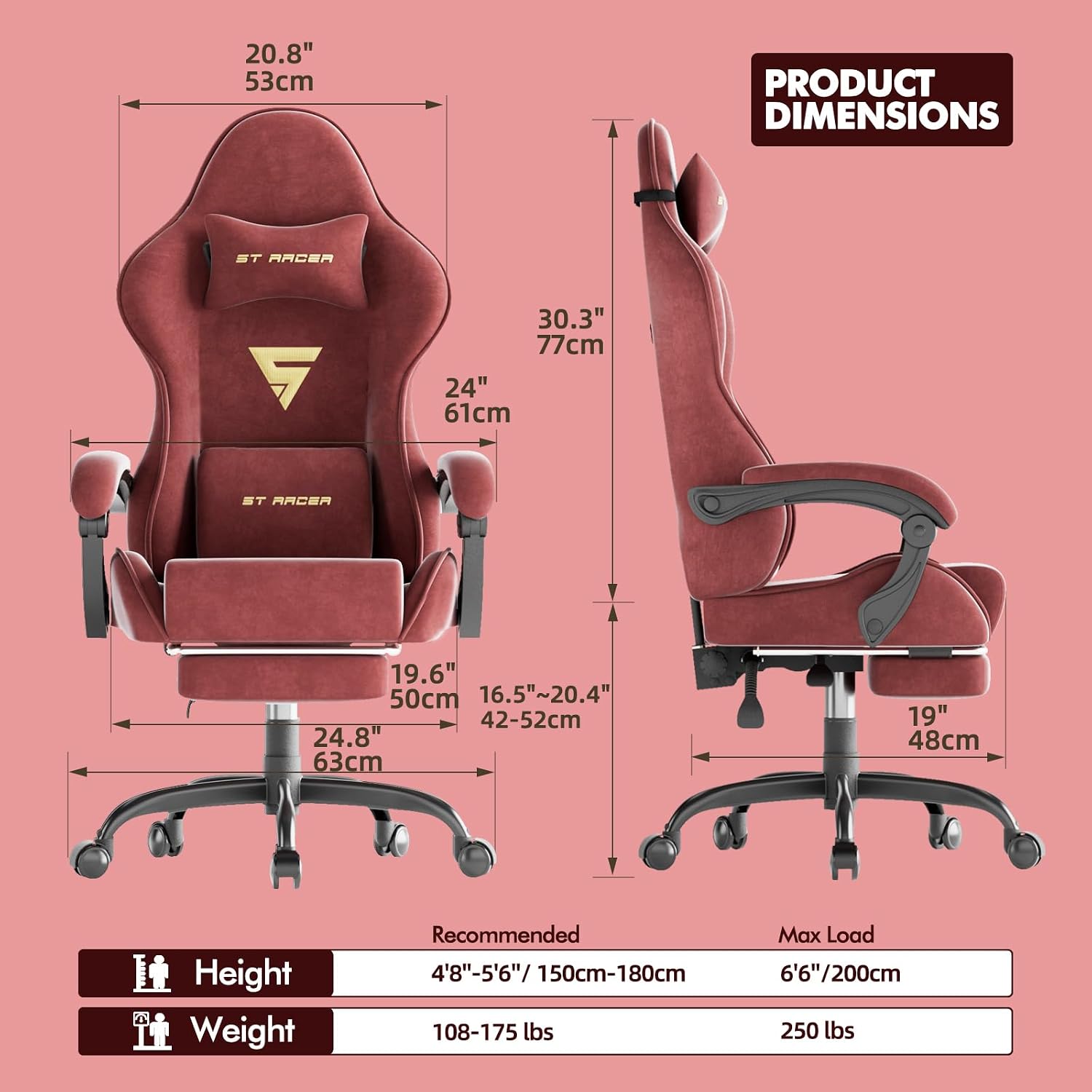 Soontrans Ergonomic Velvet Fabric Gaming Chair with Footrest, Comfortable Video Gamer Chair for Adult, Reclining Ergonomic Office Computer Desk Game Chairs with Massage Lumbar Cushion,Headrest