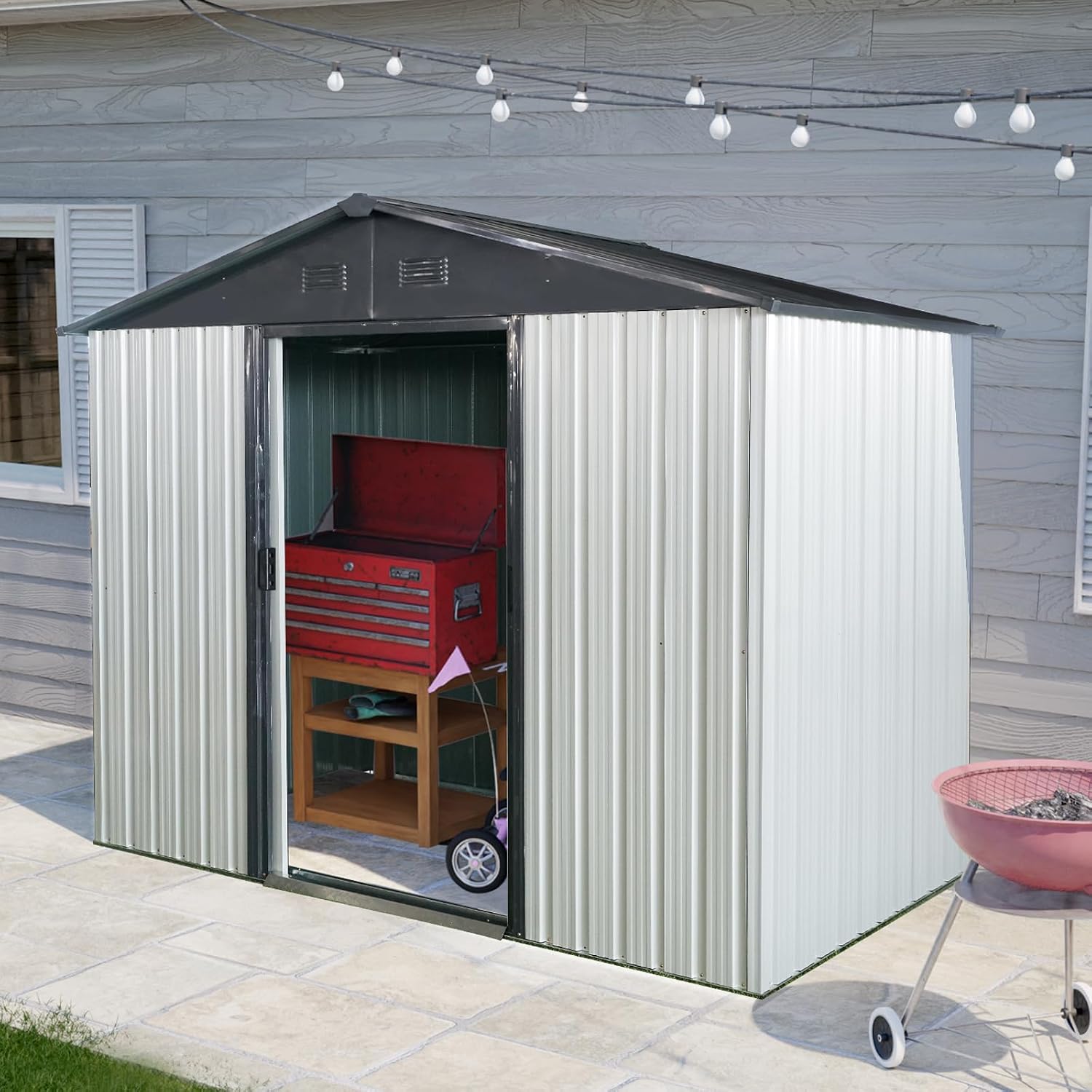 8ft 4ft Outdoor Metal Storage Shed with Sliding Door & Foundation – Durable, Weather -, Lockable for, Tools & Equipment