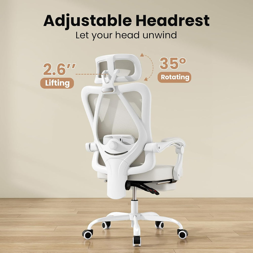 Farini Office Chair with Footrest, Ergonomic Mesh Office Chair with Headrest, High Back Desk Chair with Lumbar Support, Swivel Computer Chair for Office Study Room, White and Beige