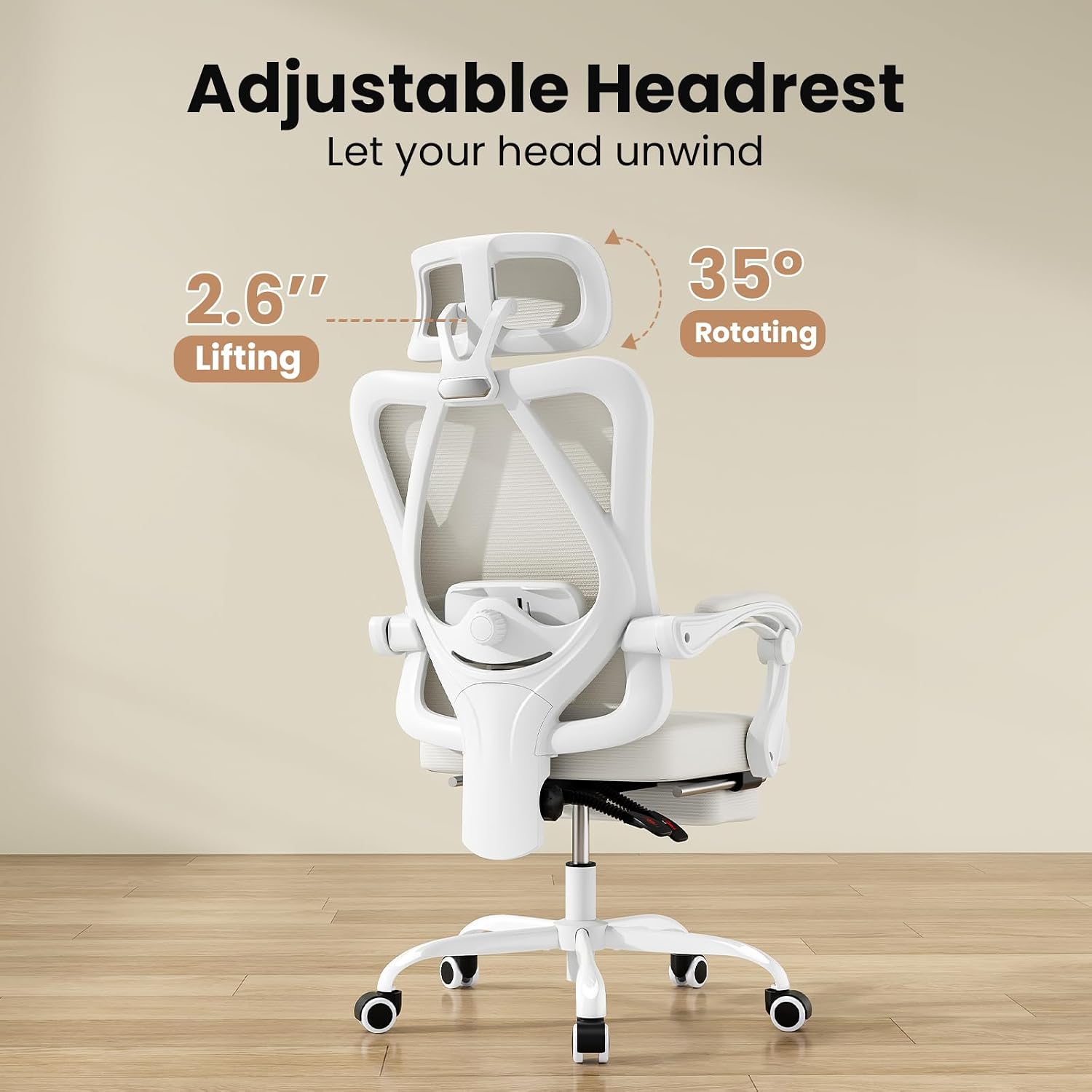 Farini Office Chair with Footrest, Ergonomic Mesh Office Chair with Headrest, High Back Desk Chair with Lumbar Support, Swivel Computer Chair for Office Study Room, White and Beige