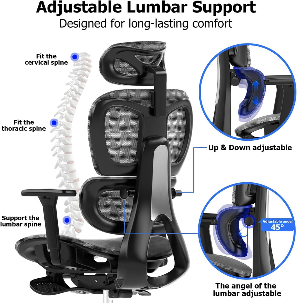 PatioMage Ergonomic Office Chair, Big and Tall Desk Chair with Adjustable Lumbar Support & Seat Depth, High Back Computer Chair, Swivel Mesh Chairs with Wheels for Home Office, Darkgrey