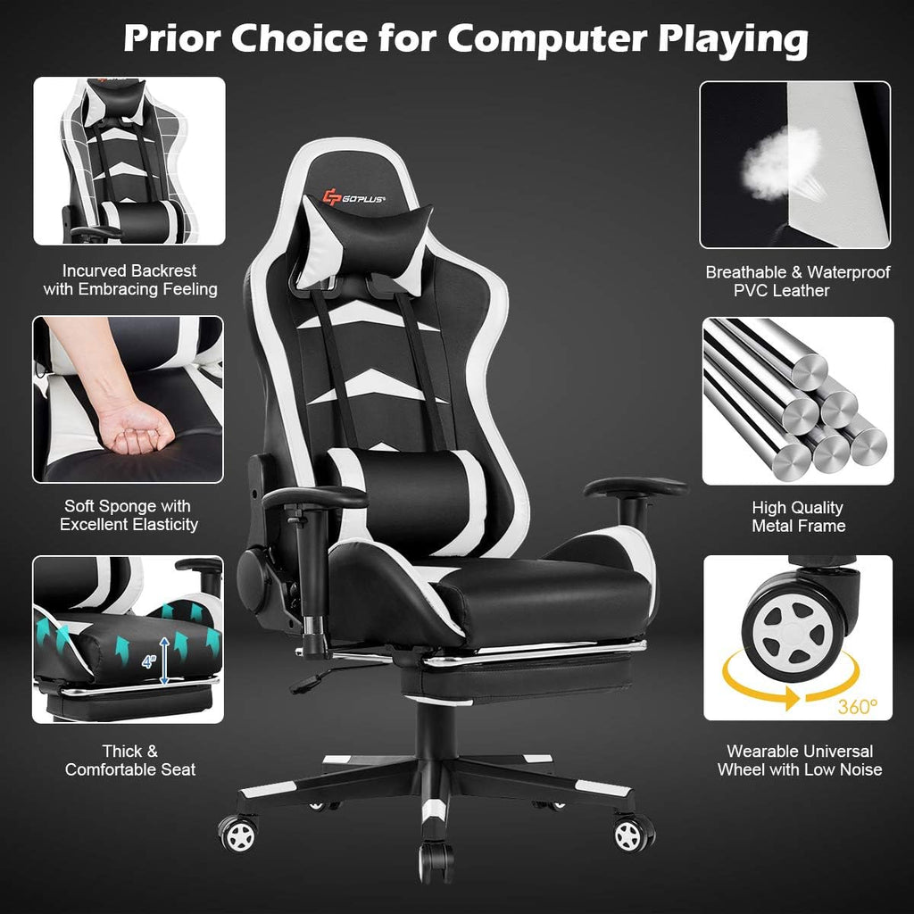 Goplus Massage Gaming Chair, Reclining Backrest, Handrails and Seat Height Adjustment Racing Computer Office Chair, High Back Ergonomic PU Leather Swivel PC Game Chair with Footrest