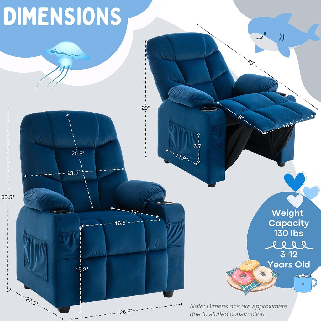 Donut Larger Kids Reclining Chair Velvet Fabric Recliner Sofa Push Back Lounge Children Toddler Boys Girls Ages 3-12 with Dual Cup Holders and 4 Pockets
