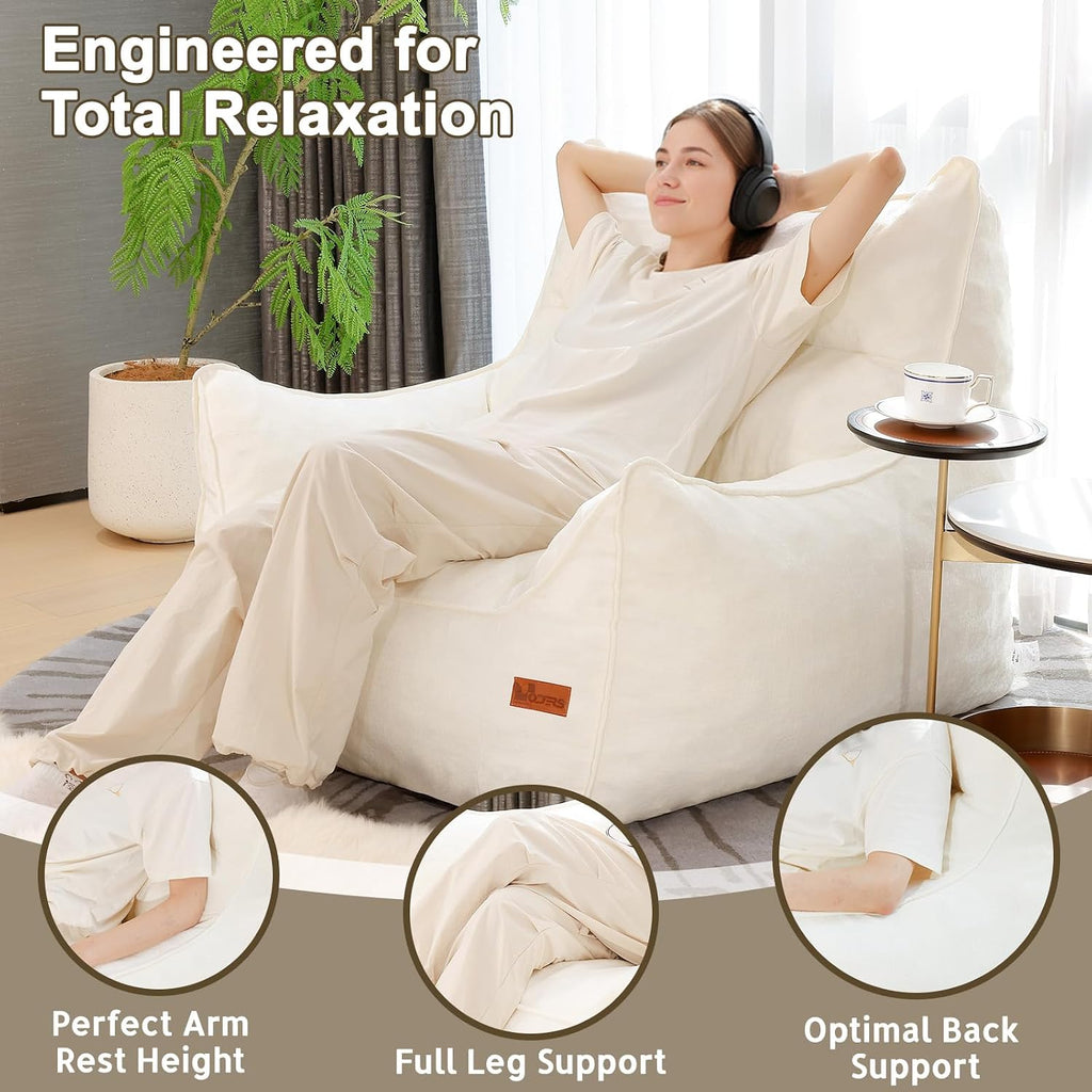 Oversized Fluffy Bean Bag Chair for Adults – Giant Cozy Bean Bag Sofa Chair with Armrests, Handle & Non-Slip Base for Your Reading Nook, Bedroom or Living Room(White-XL)