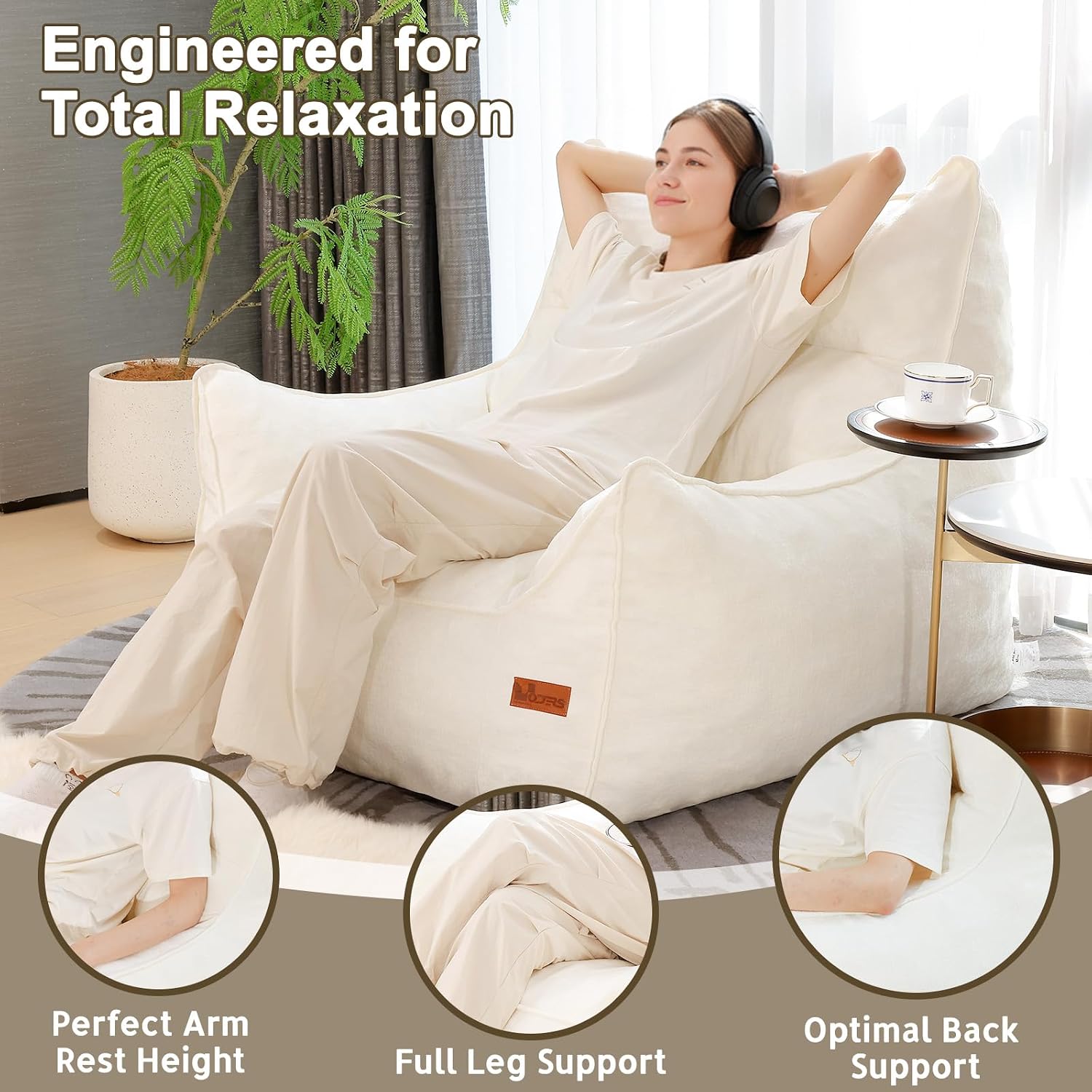 Oversized Fluffy Bean Bag Chair for Adults – Giant Cozy Bean Bag Sofa Chair with Armrests, Handle & Non-Slip Base for Your Reading Nook, Bedroom or Living Room(White-XL)