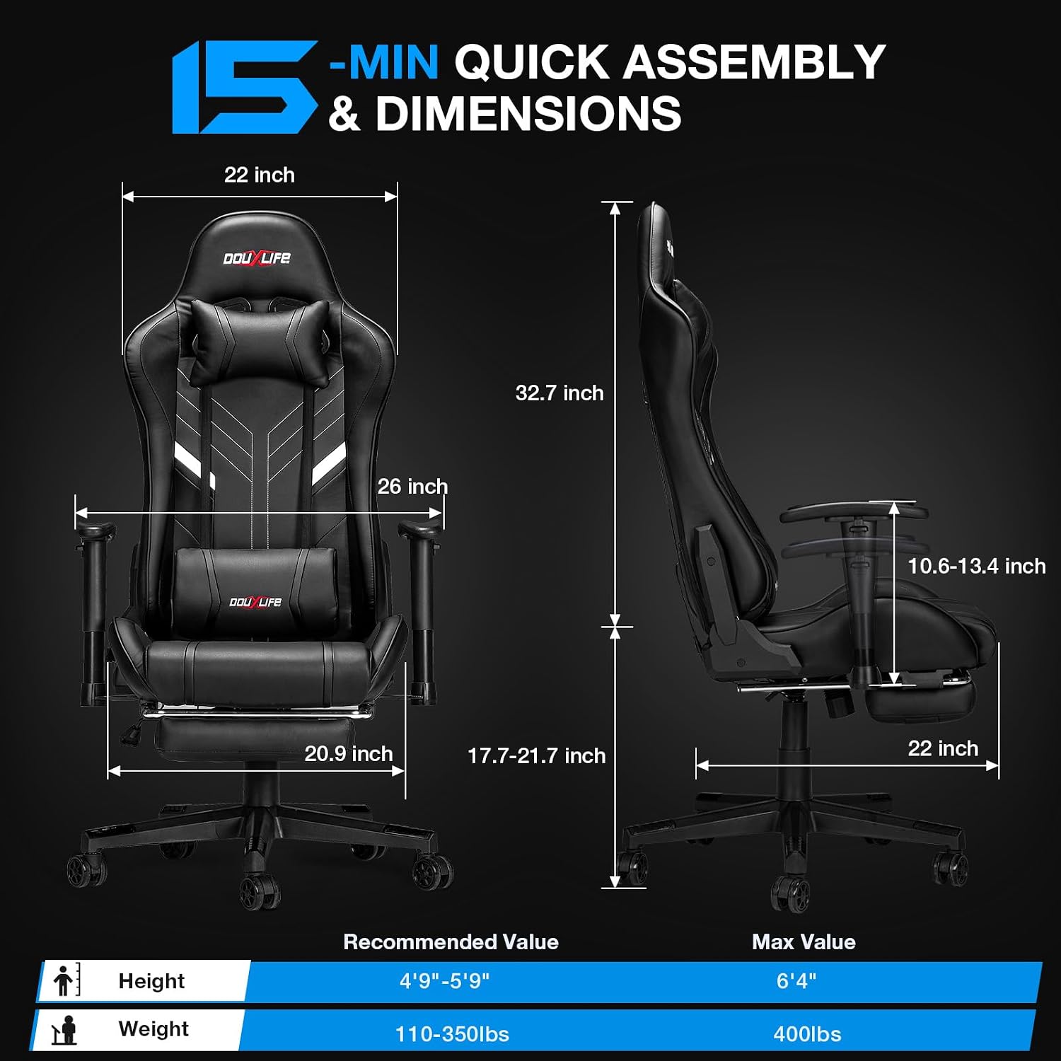 Douxlife 7-Point Massage Gaming Chair with Footrest, 400lbs Heavy Duty Ergonomic Computer Chair, 175° Reclining High Back Racing Seat for Adults with Adjustable Armrests & Lumbar Support, Black