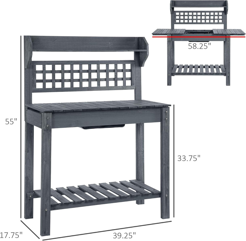 Outsunny Outdoor Potting Bench Table, Wooden Workstation with Sliding Tabletop, Storage Shelf and Dry Sink, for Greenhouse, Garden, Patio, Gray
