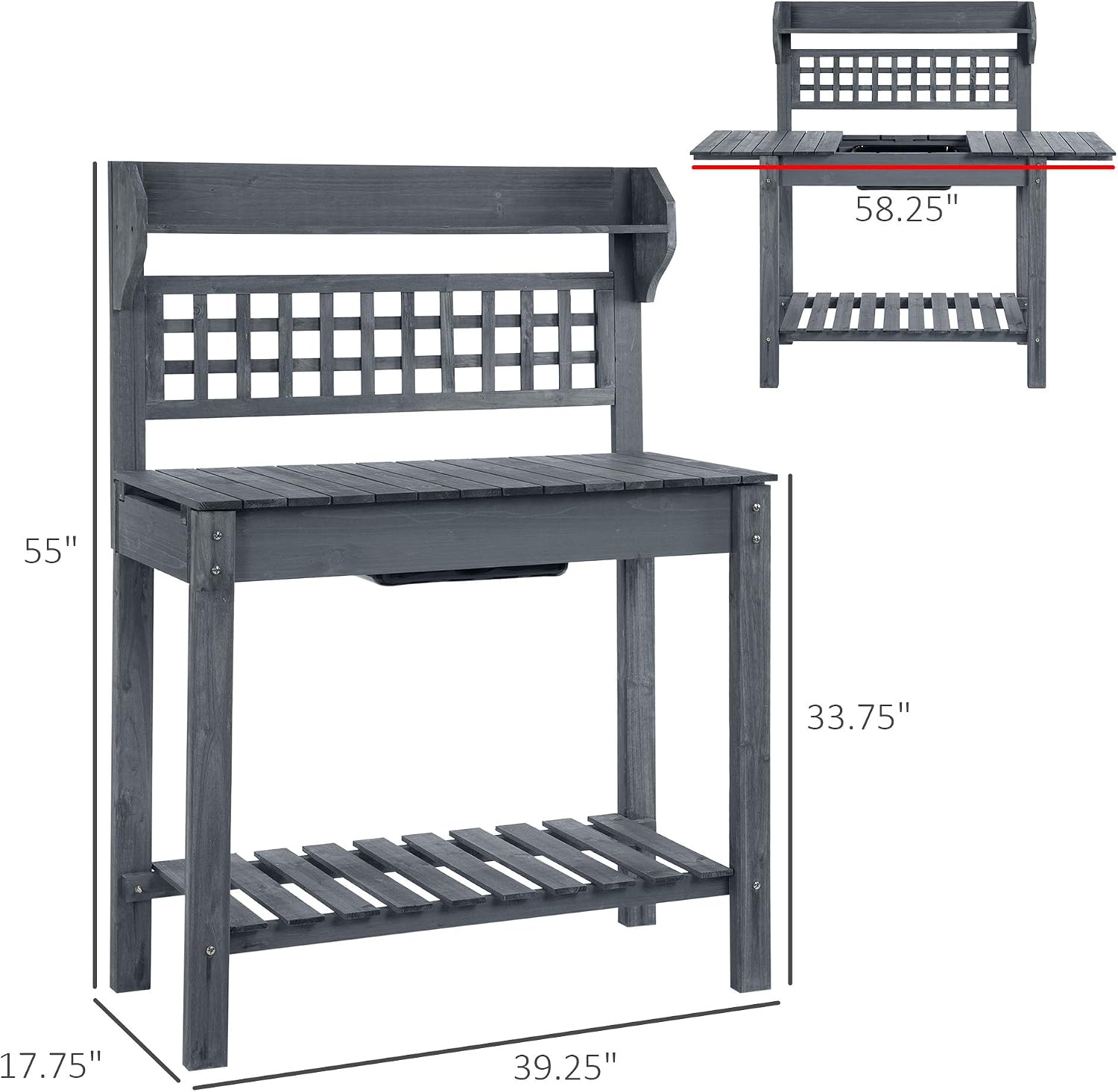 Outsunny Outdoor Potting Bench Table, Wooden Workstation with Sliding Tabletop, Storage Shelf and Dry Sink, for Greenhouse, Garden, Patio, Gray
