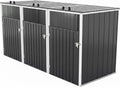Outdoor Metal Trash Can Storage Shed for 3 Garbage Bins, Galvanized Steel Triple Bin Enclosure with Lockable Doors & Hydraulic Lid, Garden Yard Storage Cabinet for Recycling, Dark Gray
