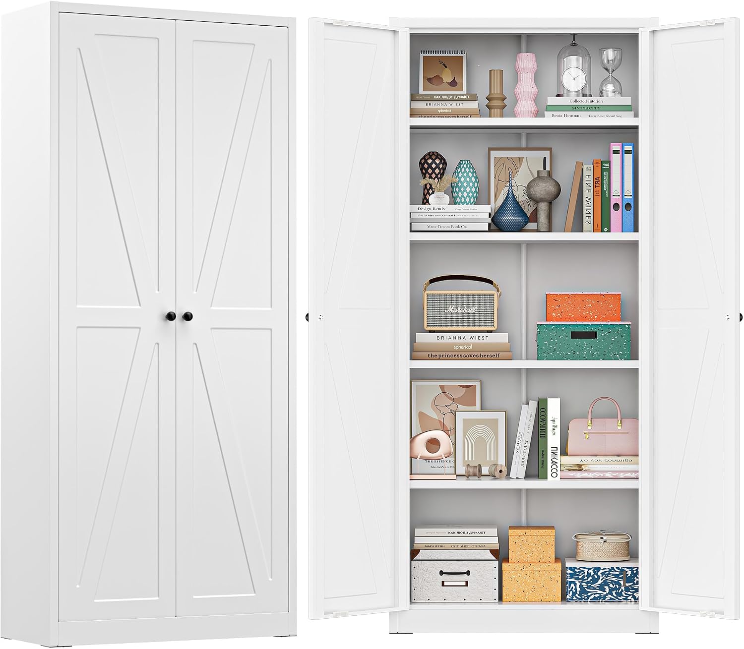 Greenvelly Metal Cabinet, 63' H White Metal Storage Cabinet with Doors and 4 Shelves, Pantry Storage Cabinet for Kitchen, Bedroom, Living Room, Office (Farmhouse)