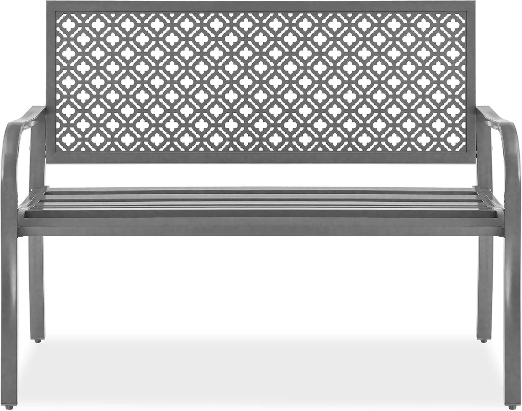 Best Choice Products Outdoor Bench 2-Person Metal Steel Benches Furniture for Garden, Patio, Porch, Entryway w/Geometric Backrest, 790lb Capacity – Gray