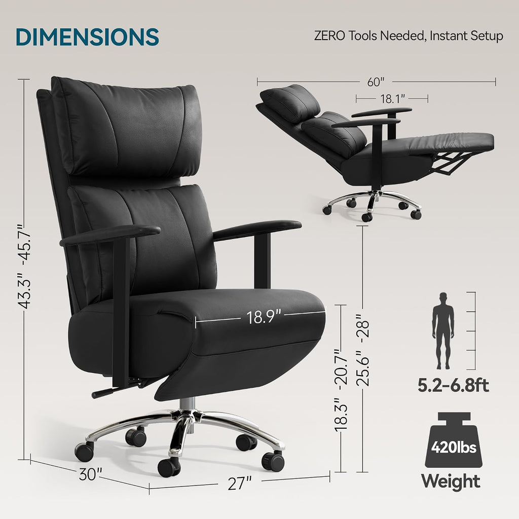 OKUP Reclining Office Chair with Adjustable Headrest and Footrest, 170° Comfortable Leather Zero Gravity Office Chair, Ergonomic Executive Home Office Desk Chair (Black)