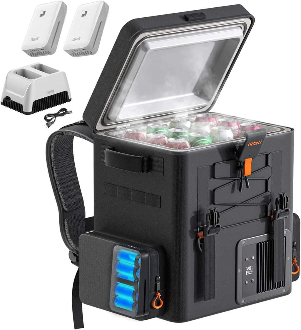 LiTHELi FrozenPack 12V Car Refrigerator, 20L/21QT Portable Electric Cooler, -4~68℉ Travel Fridge Freezer for Camping, Road Trips, RV, Boat & Beach, 2x4.0Ah Batteries and Duat Port Charger