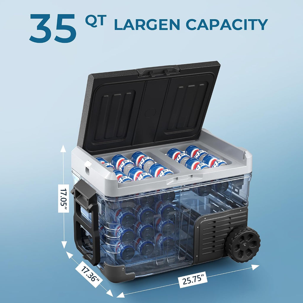 EUHOMY 12 Volt Refrigerator, 35QT(33L) Dual Zone Electric Cooler, Portable Freezer 12V/24V DC 110-240V AC, 12V Fridge -4℉~68℉, 12V Cooler with Wheels & Basket for Travel, Truck, Camping, Boat