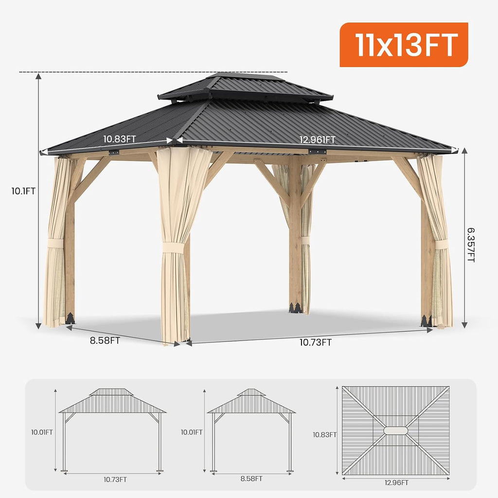 Outdoor Wooden Gazebo - Outdoor Patio Gazebo with Galvanized Steel Double Roof, Cedar Wooden Frame Pavilion, Pergolas for Garden, Lawn, Poolside (11X13FT)
