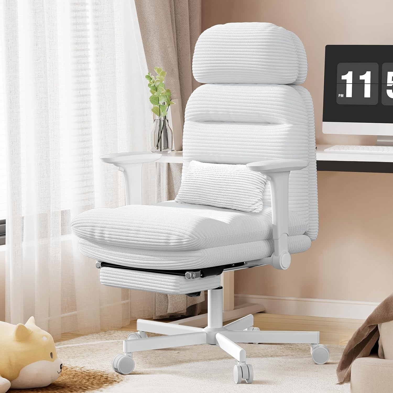 GXJ Criss Cross Chair with Flip-up Arms, Executive Office Chair with Foot Rest, Cross Legged Office Chair G800 Plus, Extra Lumbar Pillow, Corduroy Comfy Computer Desk Chair for Home, White