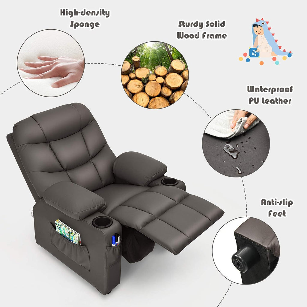 MAT EXPERT Kids Recliner, Leather Adjustable Reading Gaming Chair w/ 2 Cup Holder, 3 Side Pocket Storage & Footrest, Kids Couch Toddler Lounge Chair for Boys Girls, Kids Room Playroom Nursery (Coffee)