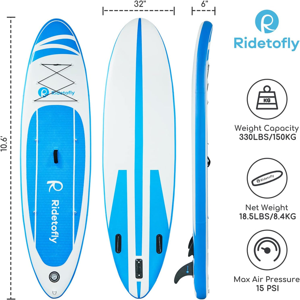 SU01 Stand Up Paddle Board, 10.6'x32''x6'' Inflatable Paddle Board with SUP Accessories, Included Hand Pump, Adjustable Paddle/Seat, Waterproof Bag, for Yoga, Fishing, Touring, Light-Blue