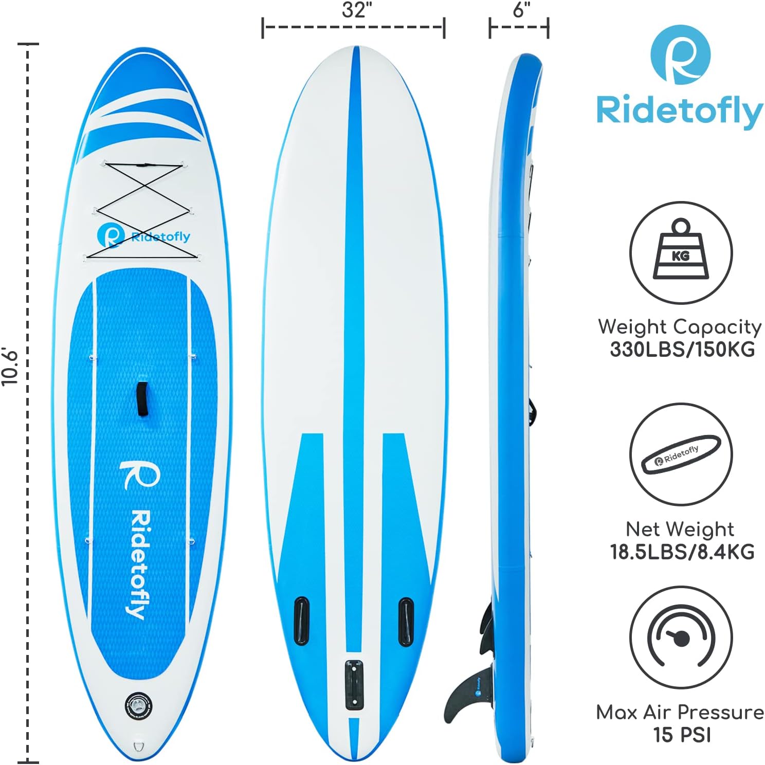 SU01 Stand Up Paddle Board, 10.6'x32''x6'' Inflatable Paddle Board with SUP Accessories, Included Hand Pump, Adjustable Paddle/Seat, Waterproof Bag, for Yoga, Fishing, Touring, Light-Blue